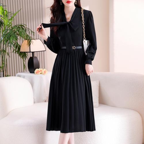 Polyester Waist-controlled & Pleated One-piece Dress & breathable Solid black PC