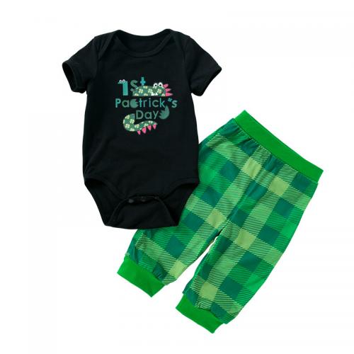 Polyester Baby Clothes & two piece Pants & teddy printed letter green Set