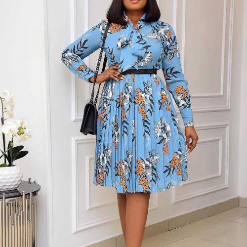 Polyester Waist-controlled One-piece Dress & breathable printed light blue PC