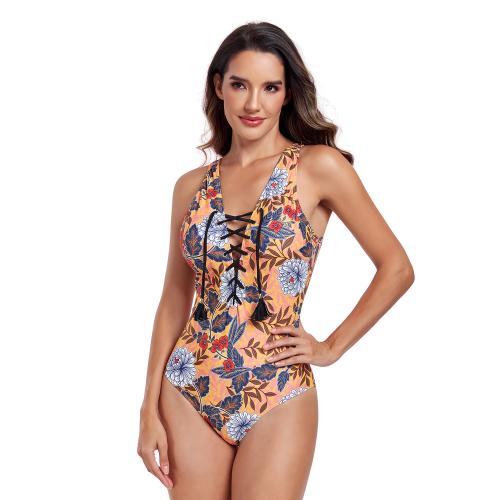 Polyester One-piece Swimsuit slimming & backless printed floral mixed colors PC