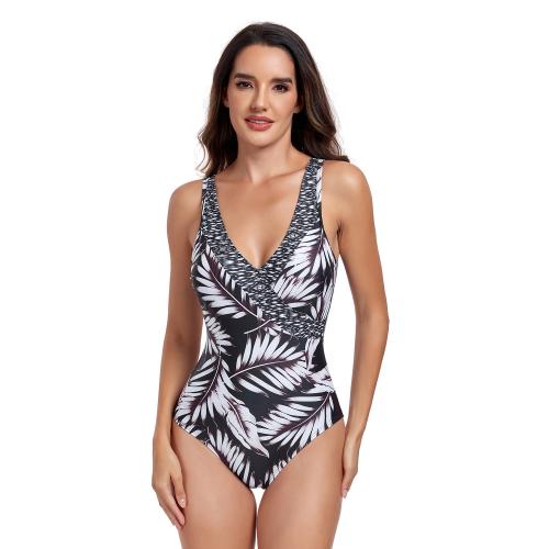 Polyester One-piece Swimsuit slimming & backless printed leaf pattern white and black PC