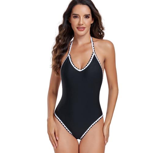 Polyester One-piece Swimsuit slimming & backless patchwork black PC