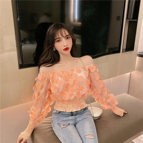 Polyester Waist-controlled Boat Neck Top see through look & off shoulder : PC