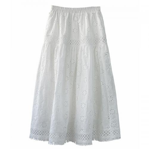 Cotton High Waist Maxi Skirt large hem design & mid-long style & hollow crochet Solid : PC