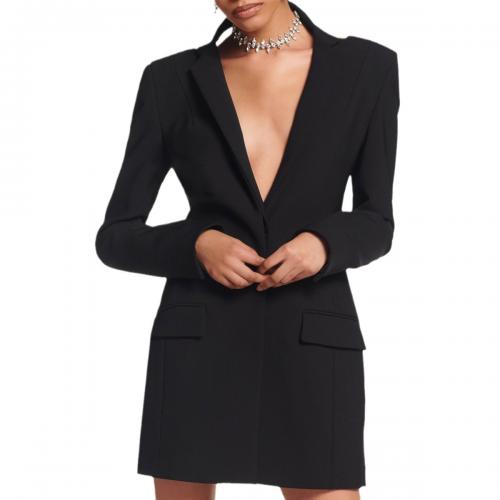 Polyester Soft Women Suit Coat slimming & backless & hollow & with rhinestone Solid black PC