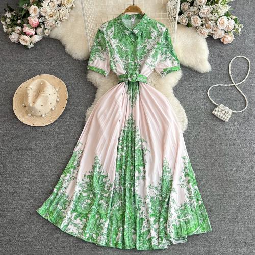 Spandex Waist-controlled One-piece Dress large hem design & loose printed floral : PC