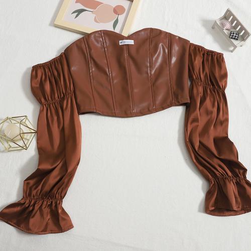 PU Leather Women Long Sleeve Blouses midriff-baring & backless & off shoulder Solid : PC