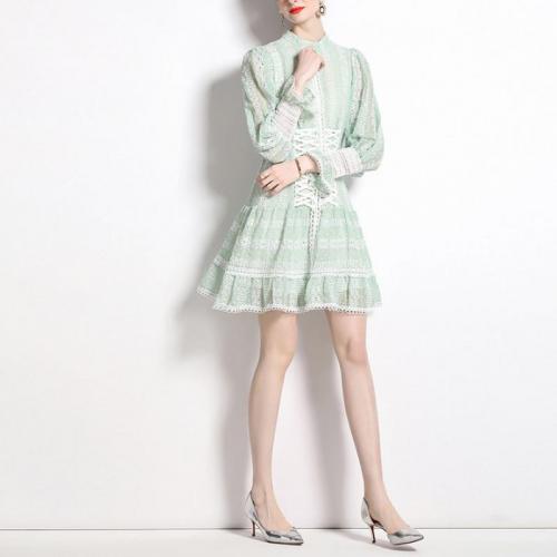 Polyester Waist-controlled One-piece Dress & breathable embroider green PC