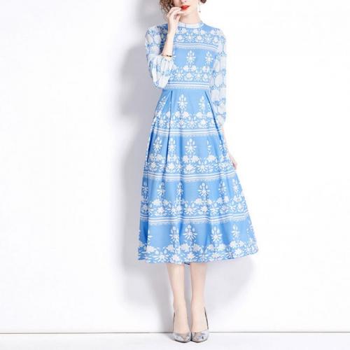 Polyester Waist-controlled One-piece Dress & breathable printed blue PC