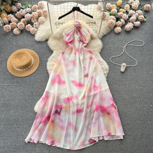 Polyester One-piece Dress double layer & backless & off shoulder pink PC
