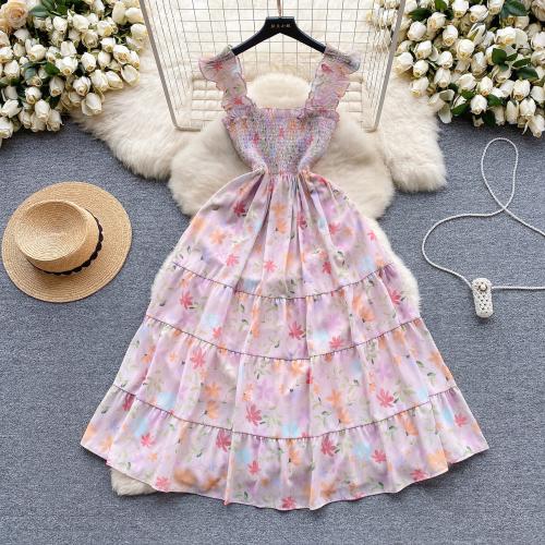Polyester Soft One-piece Dress large hem design & double layer & breathable printed shivering purple PC