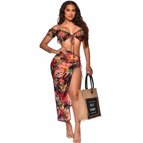 Polyester Two-Piece Dress Set midriff-baring & side slit & two piece printed shivering Set