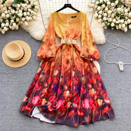 Mixed Fabric Waist-controlled & Soft One-piece Dress mid-long style & slimming printed floral mixed colors PC