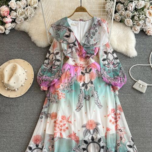 Polyester Slim One-piece Dress mid-long style printed mixed colors PC