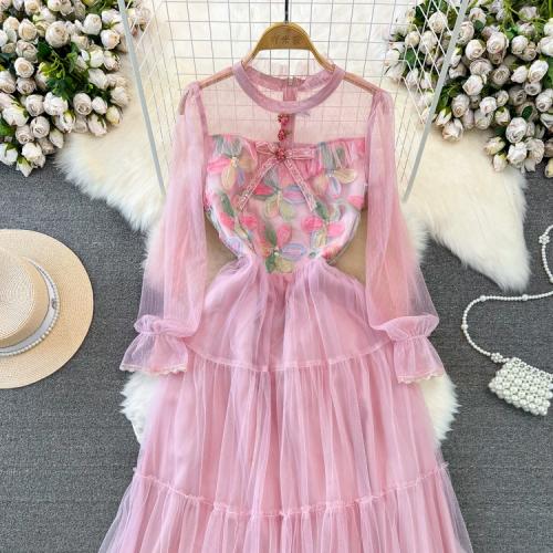 Polyester Slim One-piece Dress see through look & mid-long style printed floral pink PC