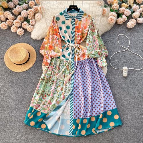 Polyester Waist-controlled & Soft One-piece Dress large hem design printed PC
