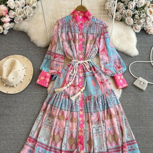 Polyester Waist-controlled One-piece Dress large hem design printed pink PC