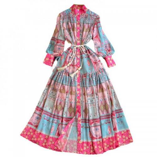 Polyester Soft One-piece Dress large hem design & breathable printed pink PC