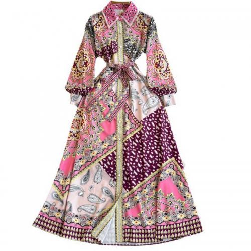 Polyester One-piece Dress large hem design & loose & breathable printed pink PC