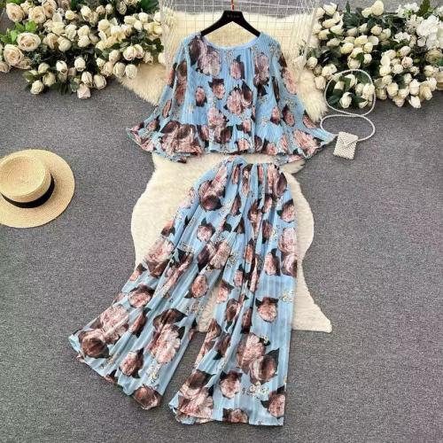 Polyester Women Casual Set two piece & loose Wide Leg Trousers & top printed : Set