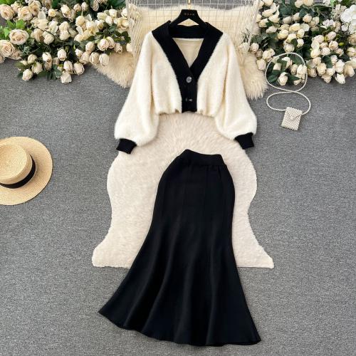 Polyester Mermaid Women Casual Set two piece skirt & top knitted black : Set