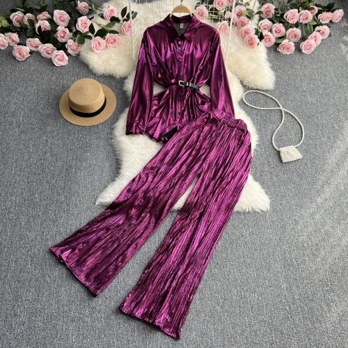 Polyester High Waist Women Casual Set slimming & two piece Wide Leg Trousers & top Solid : Set