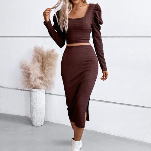 Polyester Women Casual Set side slit & two piece skirt & top knitted Solid brown Set