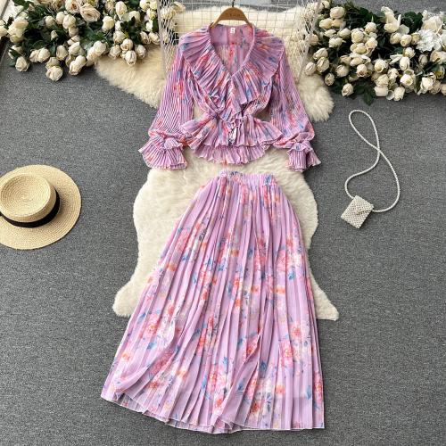 Polyester Women Casual Set two piece skirt & top printed shivering : Set