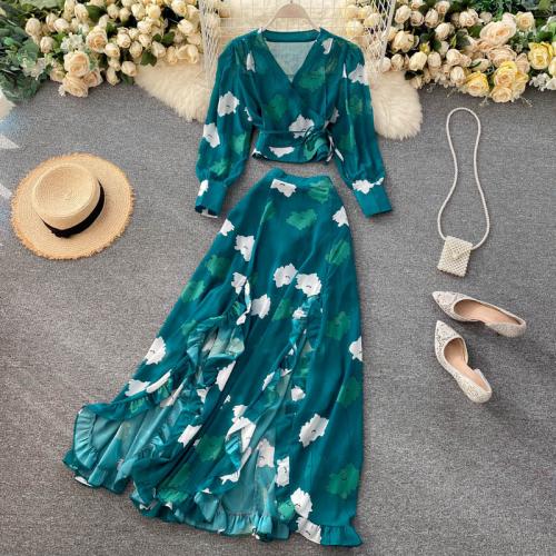 Polyester stringy selvedge Women Casual Set side slit & two piece skirt & top printed : Set
