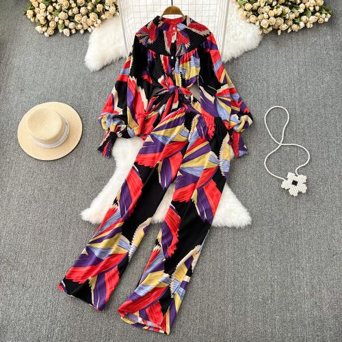 Polyester High Waist Women Casual Set two piece Wide Leg Trousers & top printed : Set