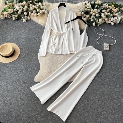Spandex High Waist Women Casual Set three piece Wide Leg Trousers & camis & coat knitted Solid : Set