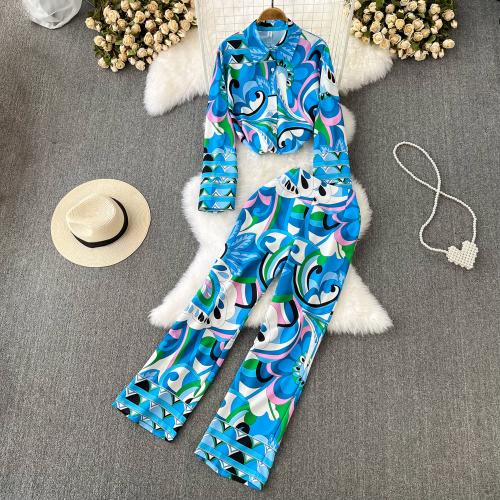 Spandex High Waist Women Casual Set two piece Wide Leg Trousers & top printed : Set