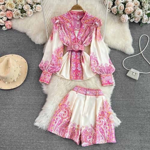Polyester Wide Leg Trousers Women Casual Set deep V & two piece short pants & top printed pink Set