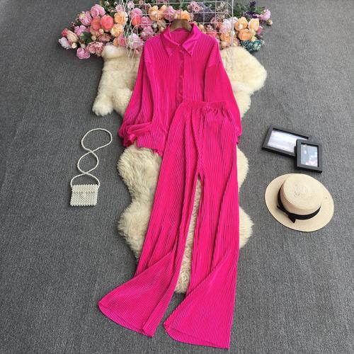 Polyester High Waist Women Casual Set two piece & loose Wide Leg Trousers & top Solid : Set