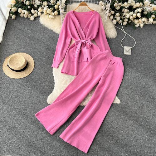 Polyester High Waist Women Casual Set two piece Wide Leg Trousers & coat knitted Solid : Set