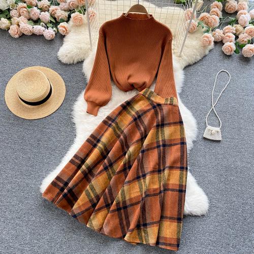 Polyester Women Casual Set & two piece skirt & top brown Set