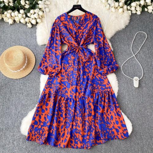 Polyester High Waist One-piece Dress mid-long style & slimming printed : PC