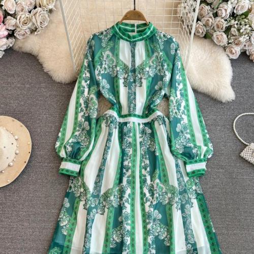 Polyester Slim One-piece Dress mid-long style printed green PC