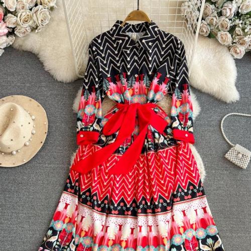 Polyester Slim One-piece Dress mid-long style printed red and black PC