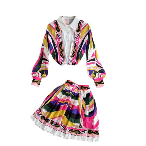 Polyester Pleated Two-Piece Dress Set slimming & two piece printed Set