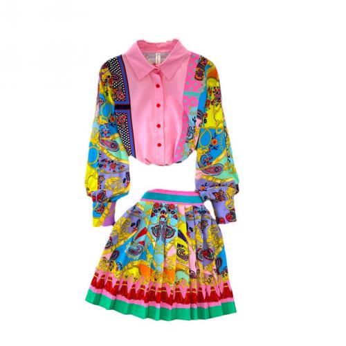 Polyester Soft & Pleated Two-Piece Dress Set & two piece printed multi-colored Set