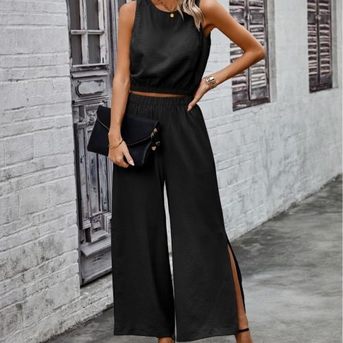 Polyester Wide Leg Trousers Women Casual Set side slit & two piece Solid Set