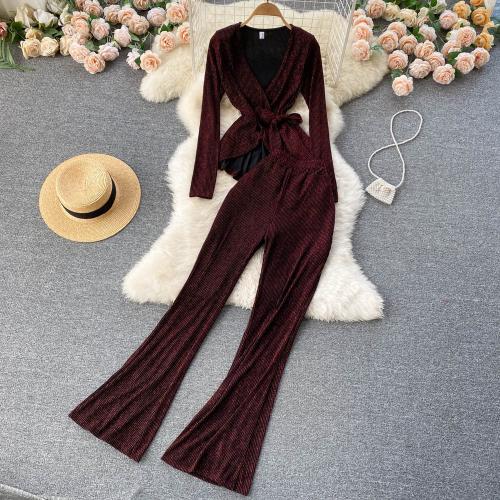 Polyester Waist-controlled Women Casual Set two piece Wide Leg Trousers & top Solid : Set