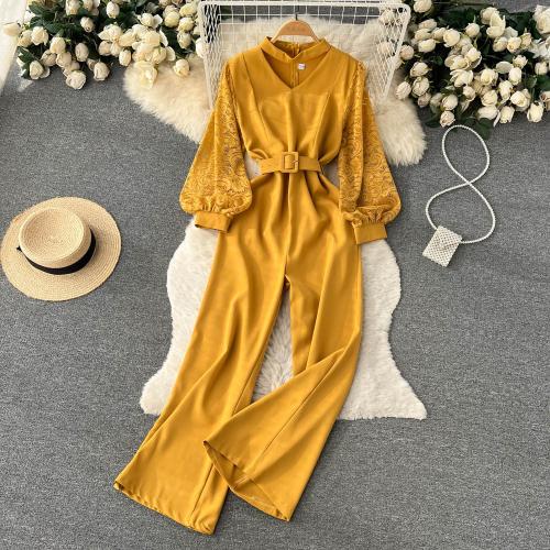 Polyester Wide Leg Trousers Long Jumpsuit slimming & hollow Solid : PC