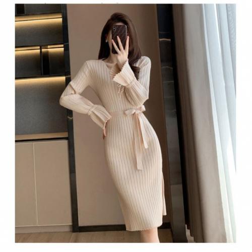 Polyester Waist-controlled Sweater Dress autumn and winter design & breathable knitted Solid : PC