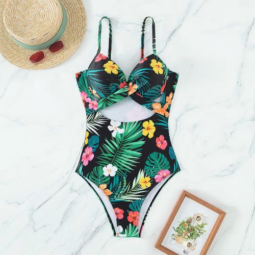 Spandex & Polyester One-piece Swimsuit slimming & hollow printed floral green PC