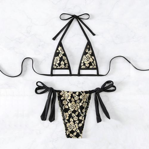 Spandex & Polyester Bikini Bra slimming & backless & two piece printed floral black Set