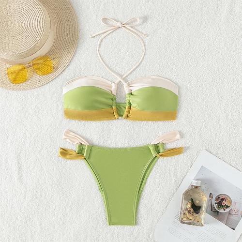 Polyamide & Polyester Bikini slimming & backless & two piece patchwork green Set