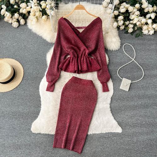 Polyester Waist-controlled Women Casual Set two piece & off shoulder skirt & top Solid : Set