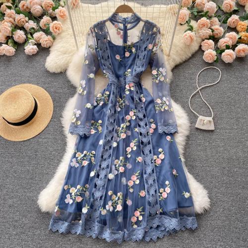 Polyester Waist-controlled One-piece Dress embroidered blue PC